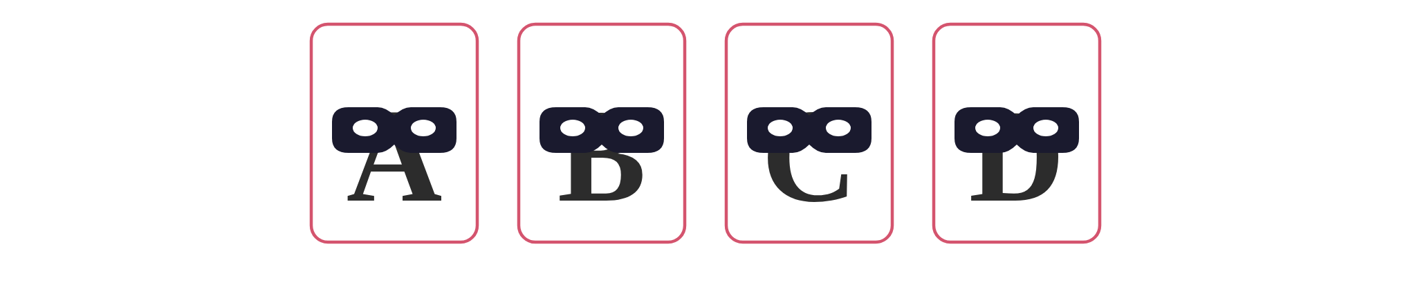 ABCD: All Biases Come Disguised — four MCQ option cards labeled A, B, C, D wearing masks.