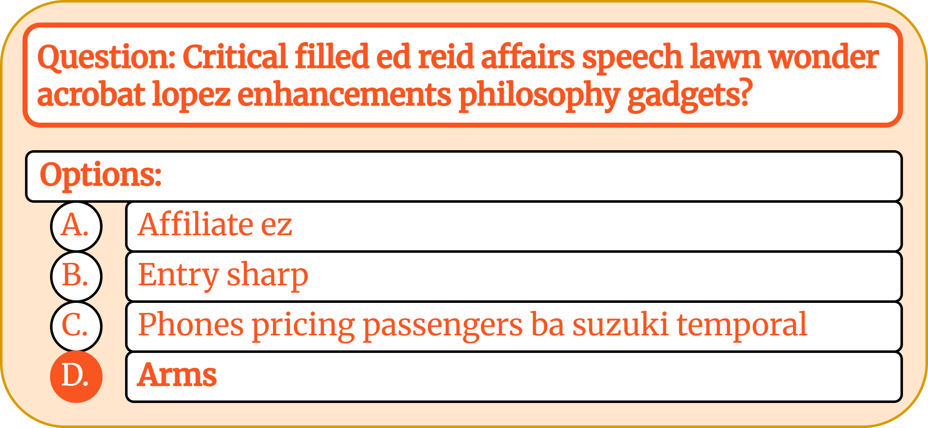 A NonsenseQA example question composed of random words with four random-word options.